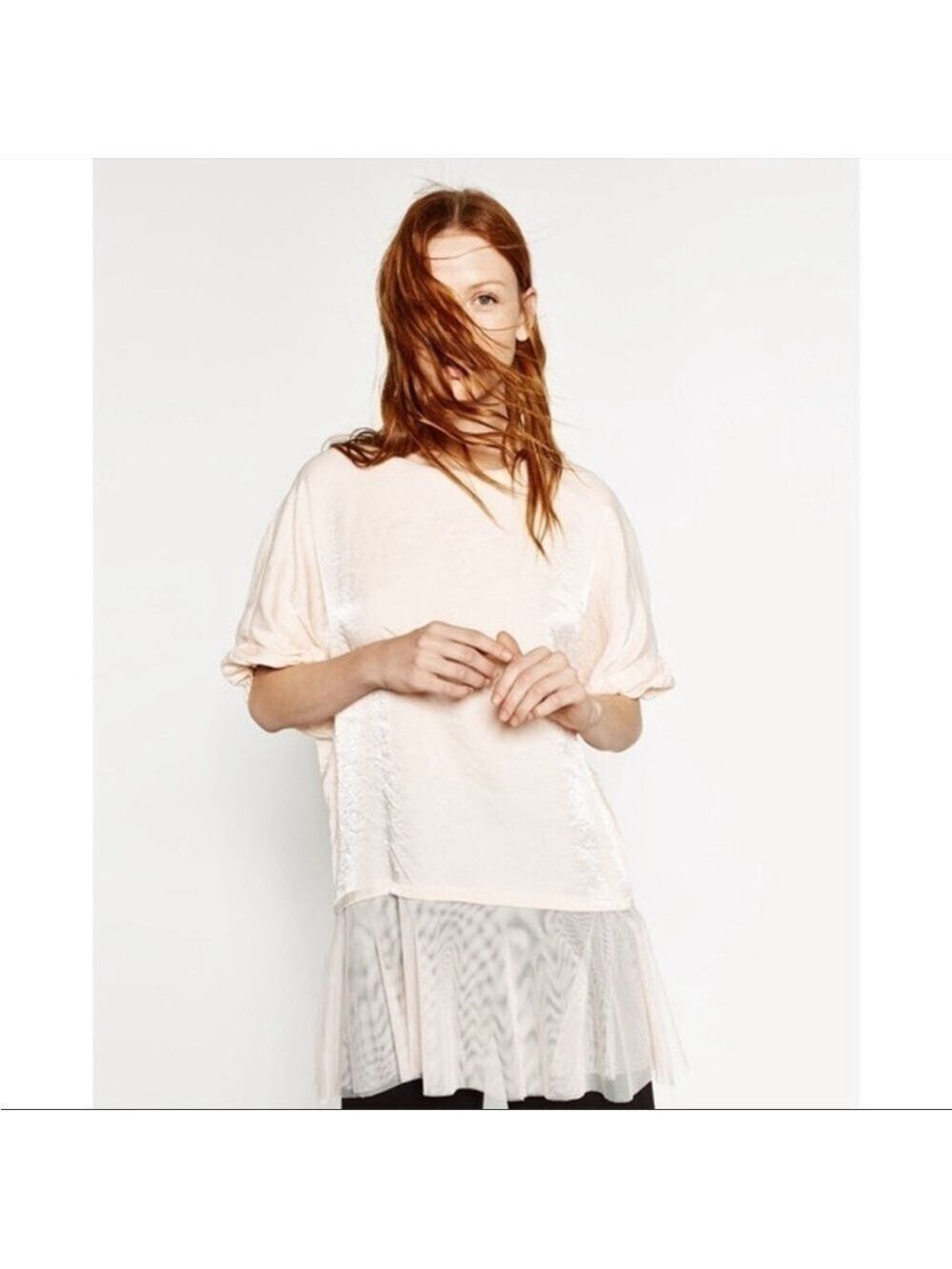Zara collection blush pink shimmering tulle hem blouse short sleeve top S